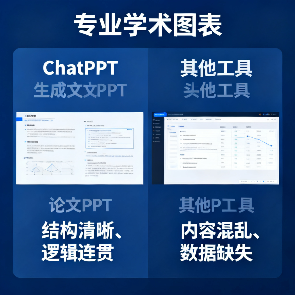 一张对比图表，左边是ChatPPT生成的论文PPT，结构清晰、逻辑连贯；右边是其他工具生成的PPT，内容混乱、数据缺失。风格为专业学术图表，背景为深蓝色。