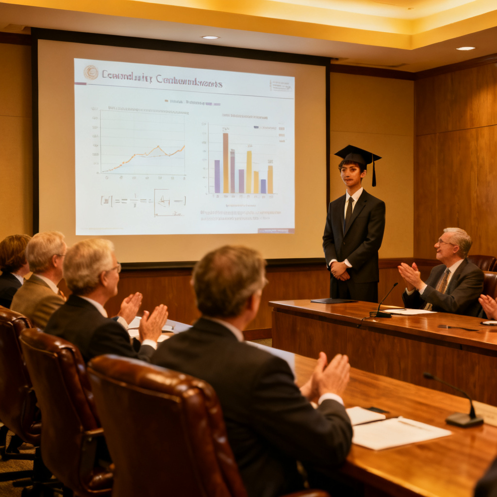 A confident graduate student presenting a well-designed PPT to a panel of professors, with clear slides showing charts and formulas, audience members nodding approvingly, warm lighting in an academic conference room.