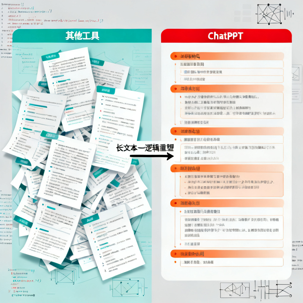 一张对比图，左侧是混乱的论文PPT大纲（标注“其他工具”），右侧是清晰的结构化大纲（标注“ChatPPT”），显示从“长文本”到“逻辑重塑”的转化过程，背景有代码和算法示意图