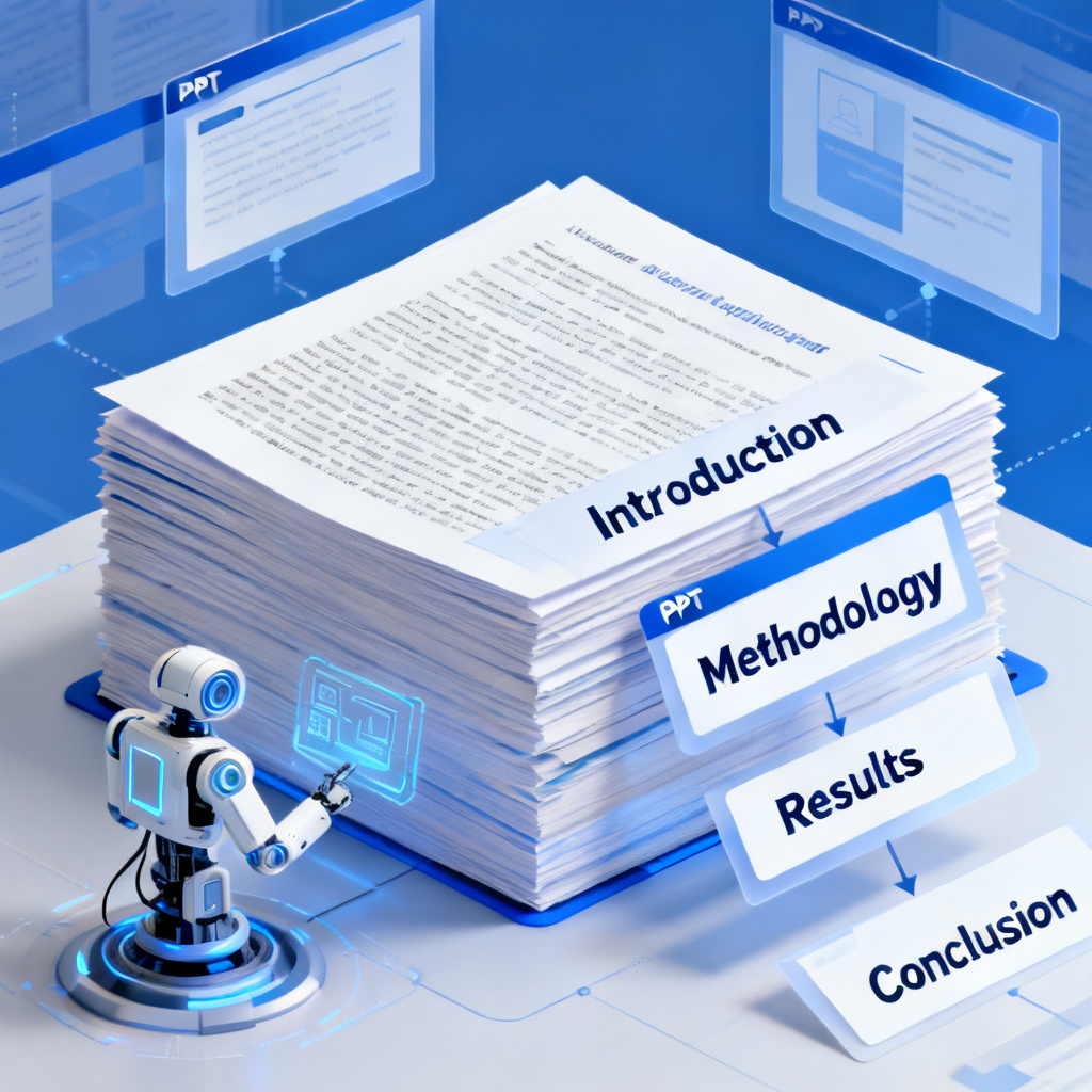 A diagram showing an AI system processing a thick academic paper and outputting a structured PPT outline with labeled sections like 'Introduction', 'Methodology', 'Results', 'Conclusion'.