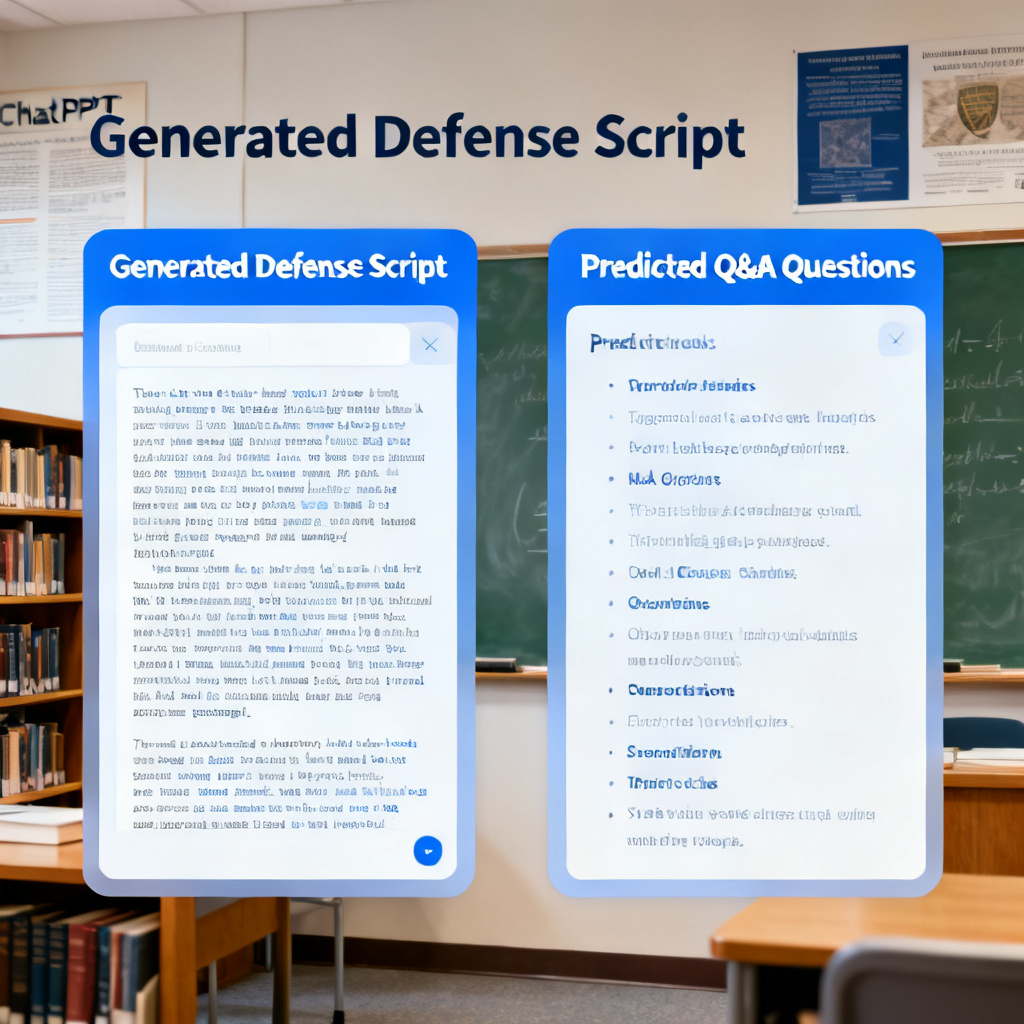 A ChatPPT interface displaying a generated defense script on the left and a list of predicted Q&A questions on the right, with a mock academic setting background.