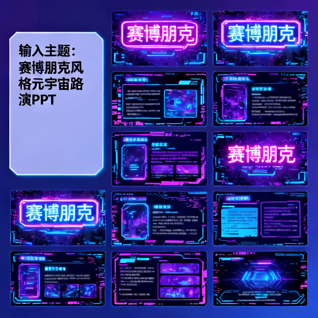 一张展示ChatPPT创意绘图模式界面，左侧为“输入主题：赛博朋克风格元宇宙路演PPT”，右侧为生成的多页预览，风格统一且充满科技感，霓虹灯管字体与故障艺术效果完美融合。