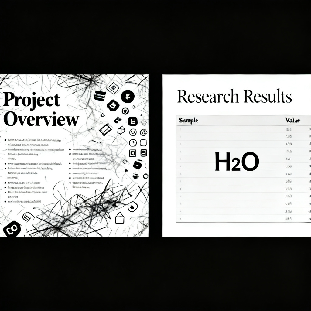 A side-by-side comparison of two slides: left slide with messy, generic template; right slide with clean academic layout including data table and chemical formula.