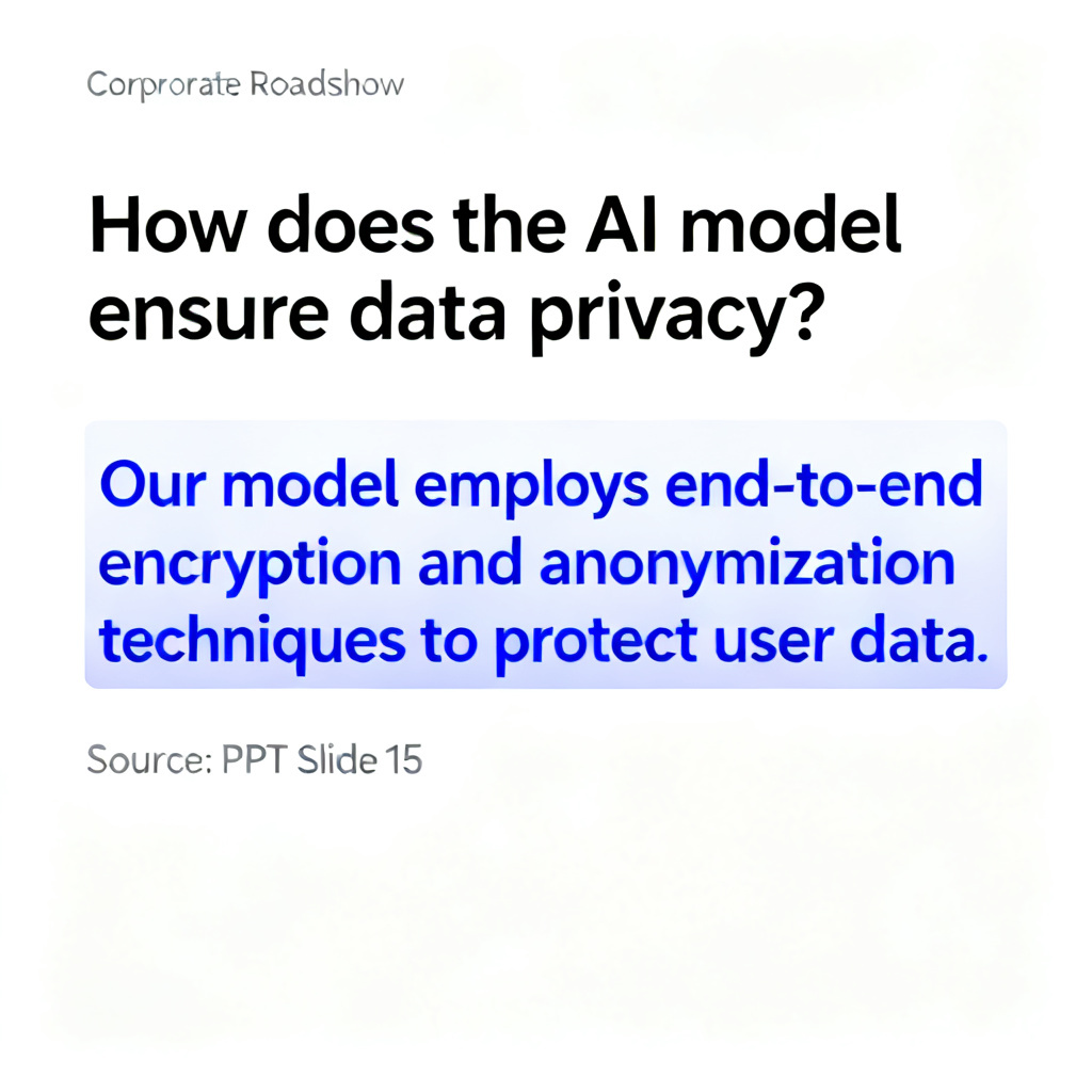 A user asking a question to AI on a roadshow page, with the AI response highlighted and a source link pointing to a specific PPT slide number, ensuring transparency.