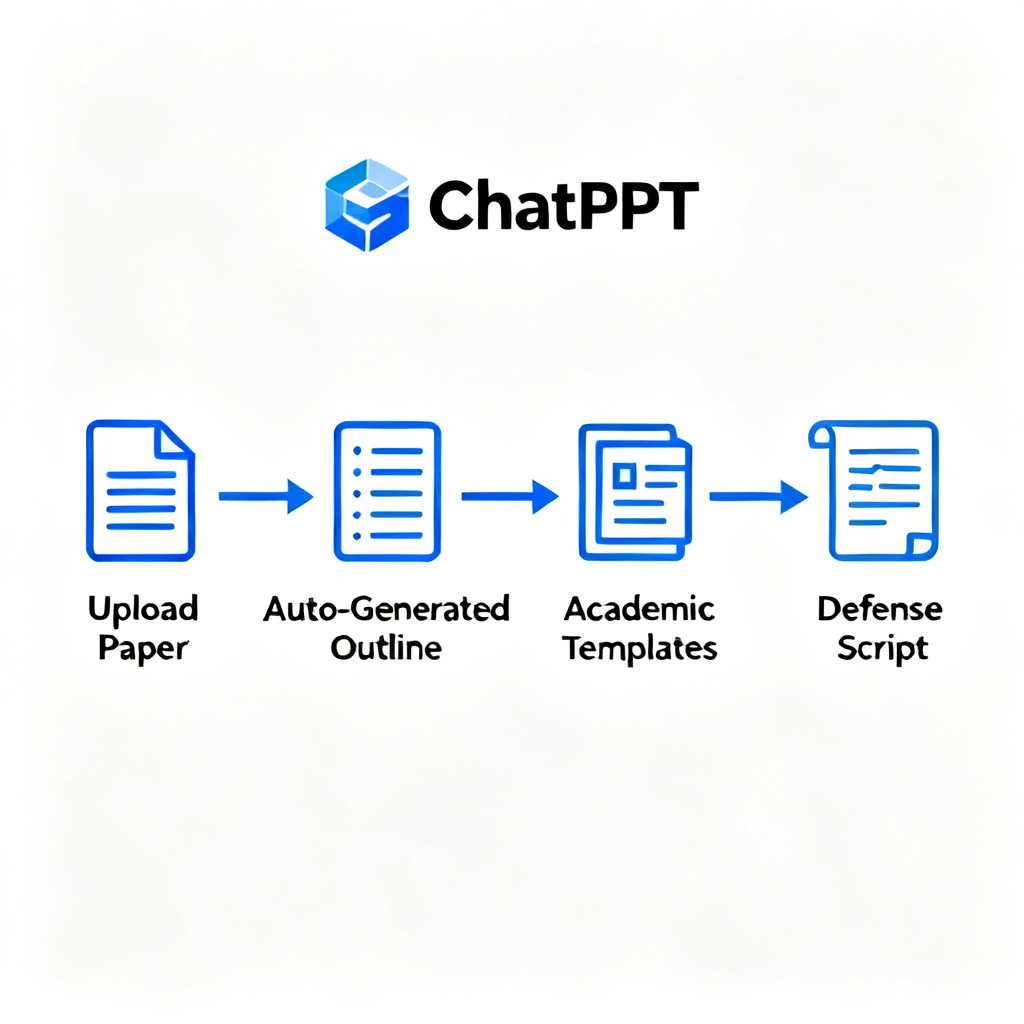 A flowchart showing the complete workflow of creating a defense PPT: from uploading the paper, to auto-generated outline, to academic templates, to defense script, all connected by arrows with the ChatPPT logo at the center