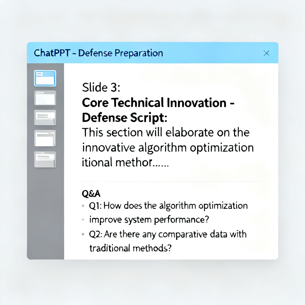 A screenshot of the ChatPPT interface showing the generated defense script and potential Q&A list for a specific slide.