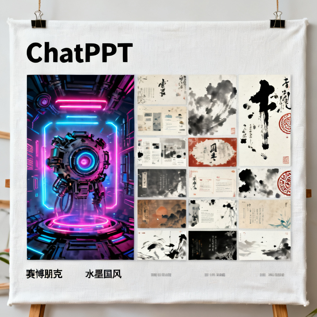 创意画布上的无限可能,展示ChatPPT生成的各种风格页面,从赛博朋克到水墨国风,强调视觉多样性
