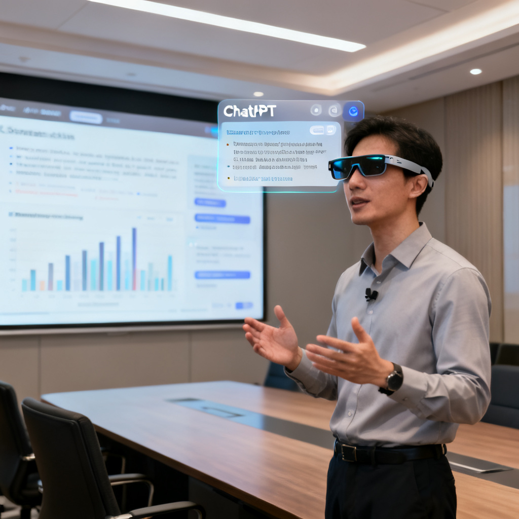 A professional presenter in a modern conference room using AI smart glasses, with the ChatPPT interface displayed in the glasses as a teleprompter, showing synchronized slide content and speech notes. The room has a large screen showing a data-rich presentation, and the presenter looks confident while gesturing.