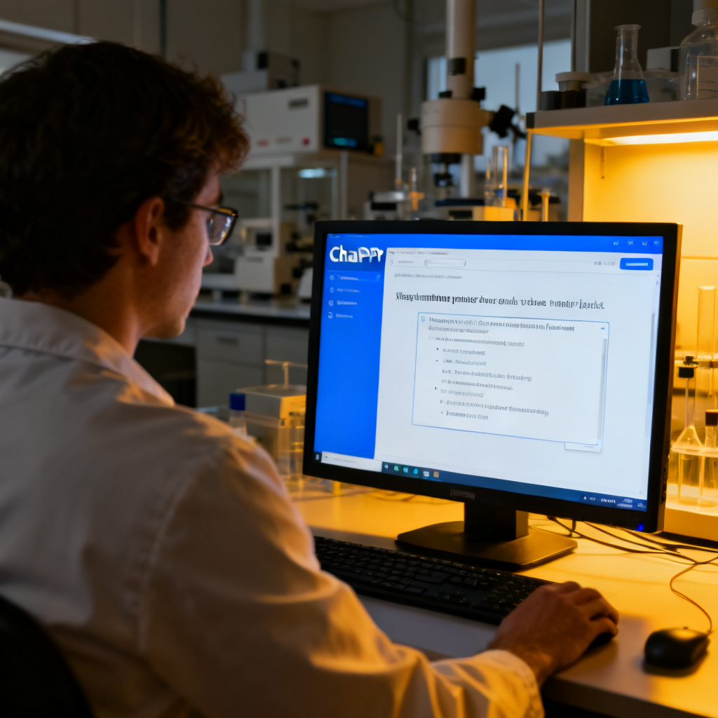 一位研究生在电脑前使用ChatPPT,界面显示论文大纲自动转化为幻灯片,背景是实验室,风格写实