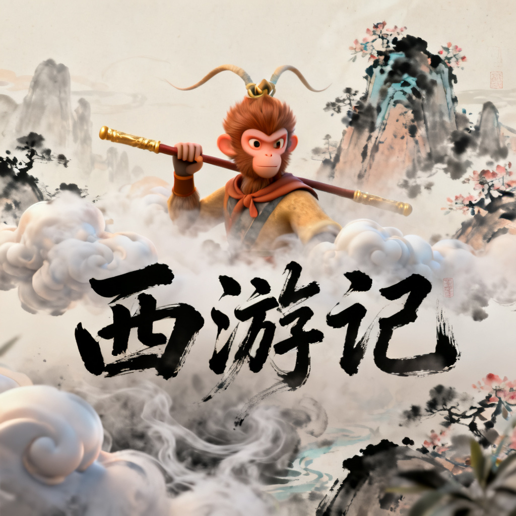3D西游记风幻灯片，孙悟空与金箍棒在云雾中若隐若现，背景是水墨渲染的花果山，字体采用毛笔书法风格