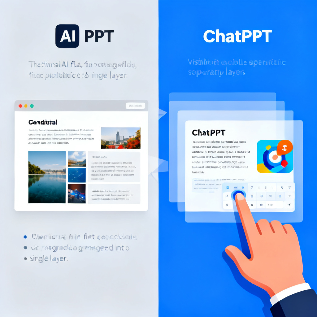 A split-screen comparison showing a traditional AI PPT tool generating a flat, uneditable slide vs. ChatPPT generating a slide with visible, separate layers for text, images, and graphics. On the ChatPPT side, a hand is shown clicking on the text layer to edit it.