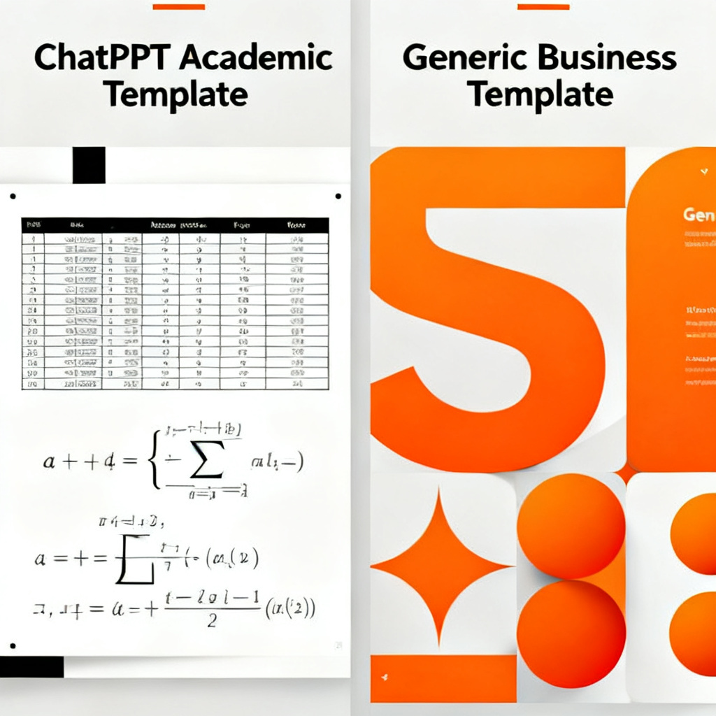 A side-by-side comparison of two PPT slides: left side shows a clean, academic-style slide with a data table and mathematical formula in black-and-white color scheme; right side shows a colorful, marketing-style slide with oversized graphics and bright orange accents. The left side is labeled "ChatPPT Academic Template" and the right side "Generic Business Template".
