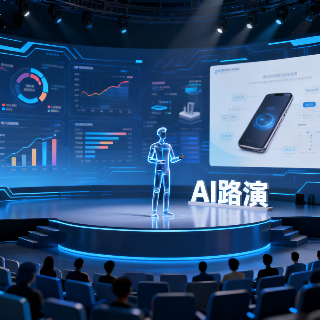 一个数字人形象在虚拟舞台上进行路演，背景是动态的数据图表和产品演示，舞台下方是虚拟观众席，数字人旁边有“AI路演”字样，整体风格科幻且专业