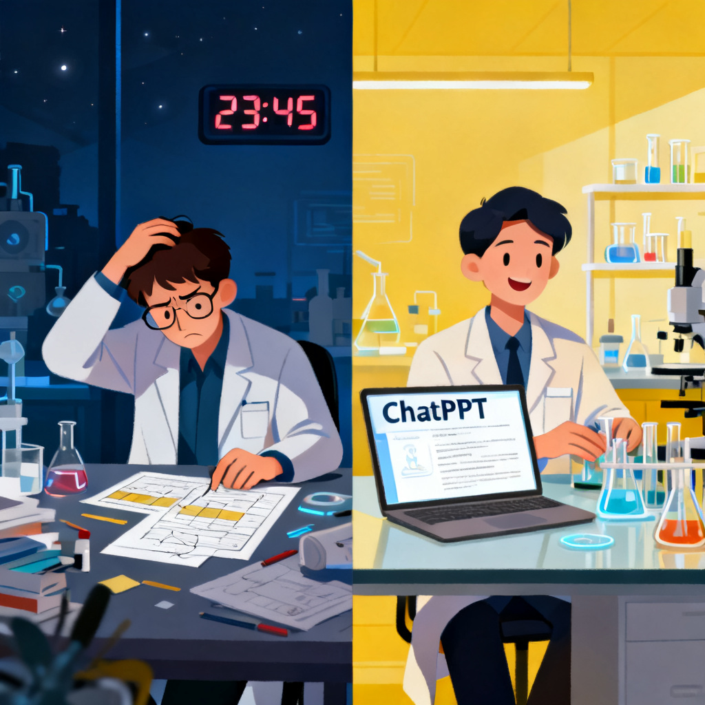 对比场景:左侧是一位科研人员焦头烂额地手动制作PPT,背景是时钟显示深夜;右侧是另一位科研人员使用ChatPPT后,轻松完成PPT,节省下的时间用于实验室研究,画面明亮、高效
