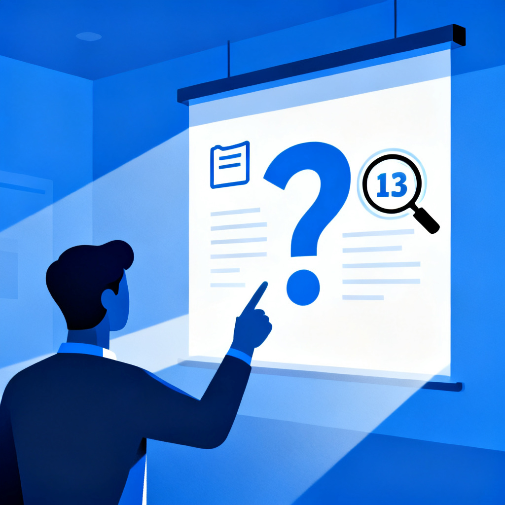 A user pointing at a question mark on a projected slide, with a magnifying glass icon highlighting a page number on the slide, minimalist tech style, blue and white color scheme, high contrast.