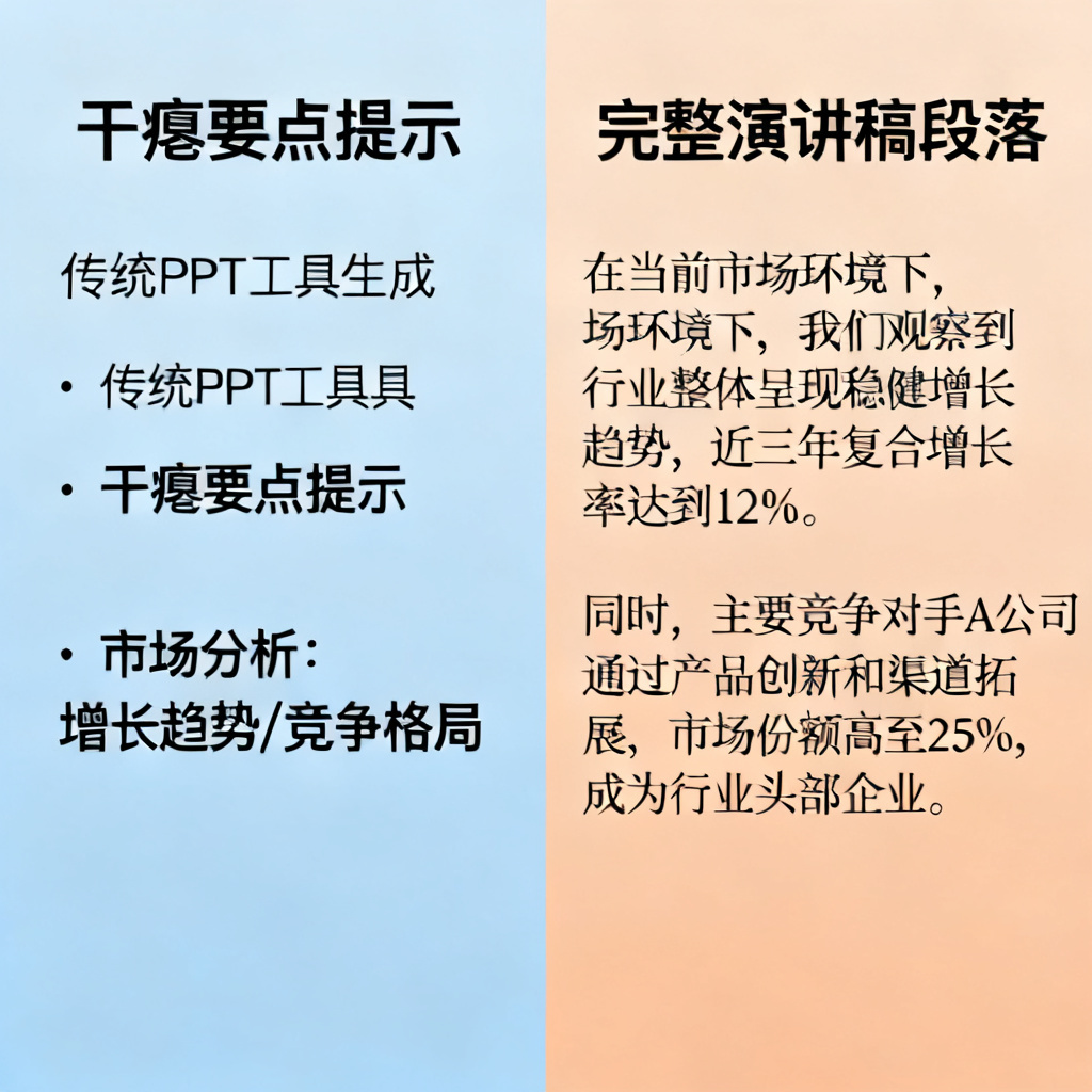 对比图:左侧是传统PPT工具生成的干瘪要点提示,右侧是ChatPPT生成的完整演讲稿段落