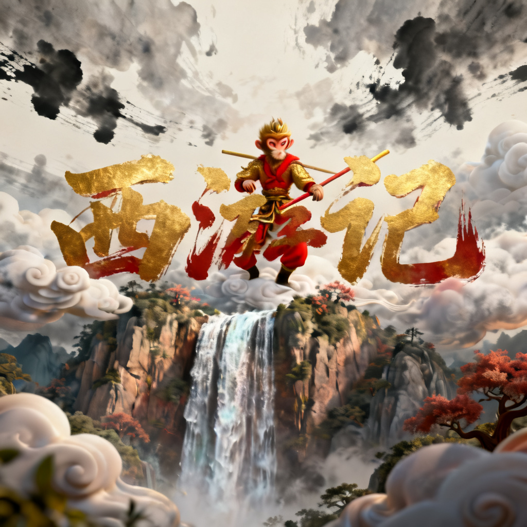 3D西游记风格的幻灯片背景，孙悟空腾云驾雾，花果山瀑布飞流直下，背景为水墨渲染的天空，字体为毛笔书法风格，整体色调以金色与红色为主