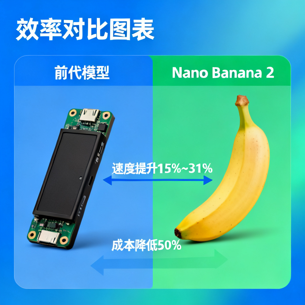 效率对比图表,左侧为前代模型,右侧为Nano Banana 2,显示速度提升15%~31%,成本降低50%