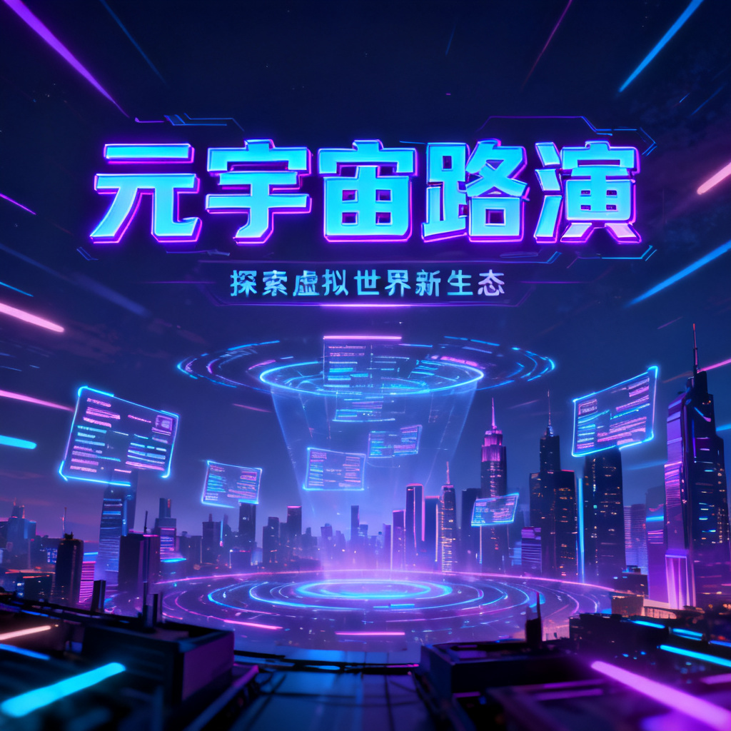 赛博朋克风格元宇宙路演PPT封面，霓虹蓝色与紫色调，城市天际线，全息投影数据流，未来感字体