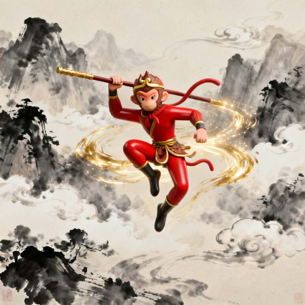 3D西游记风格幻灯片，孙悟空形象，水墨背景，动态效果
