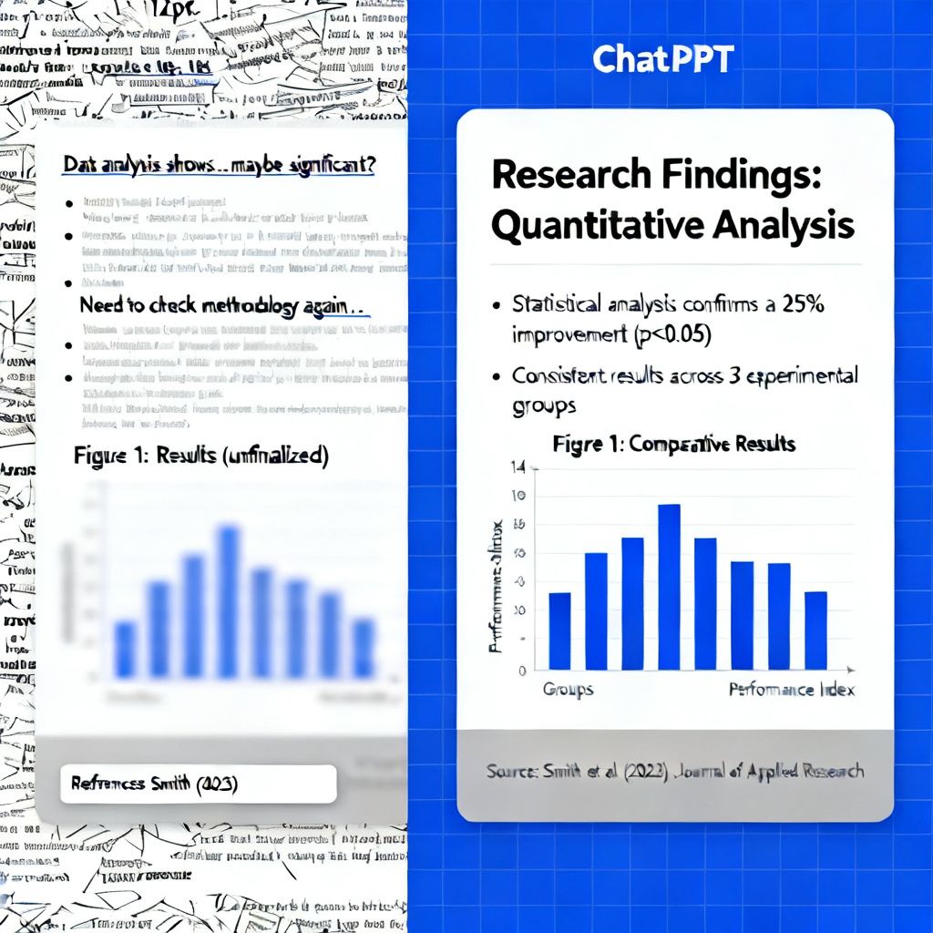A side-by-side comparison of a typical messy academic slide vs. a clean ChatPPT-generated slide with proper formatting, charts, and references. Style: professional, academic.
