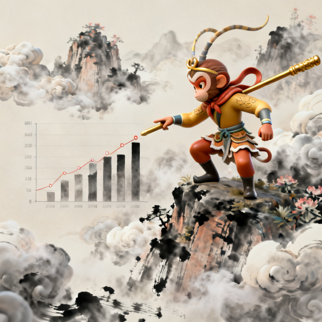 3D西游记风PPT页面，孙悟空手持金箍棒指向数据图表，背景是云雾缭绕的花果山，融合水墨与3D渲染风格
