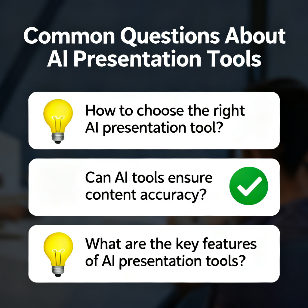 A FAQ section with icons for common questions about AI presentation tools, featuring a lightbulb and checkmark