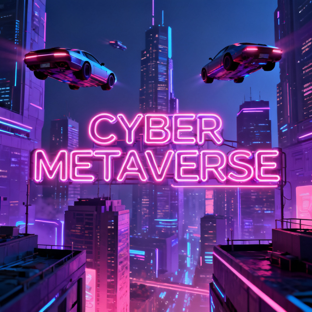 一个赛博朋克风格的未来城市路演PPT封面,霓虹灯管文字“CYBER METAVERSE”,背景有飞行的悬浮汽车和高楼大厦,整体色调为紫蓝与粉色,细节丰富,光影真实。