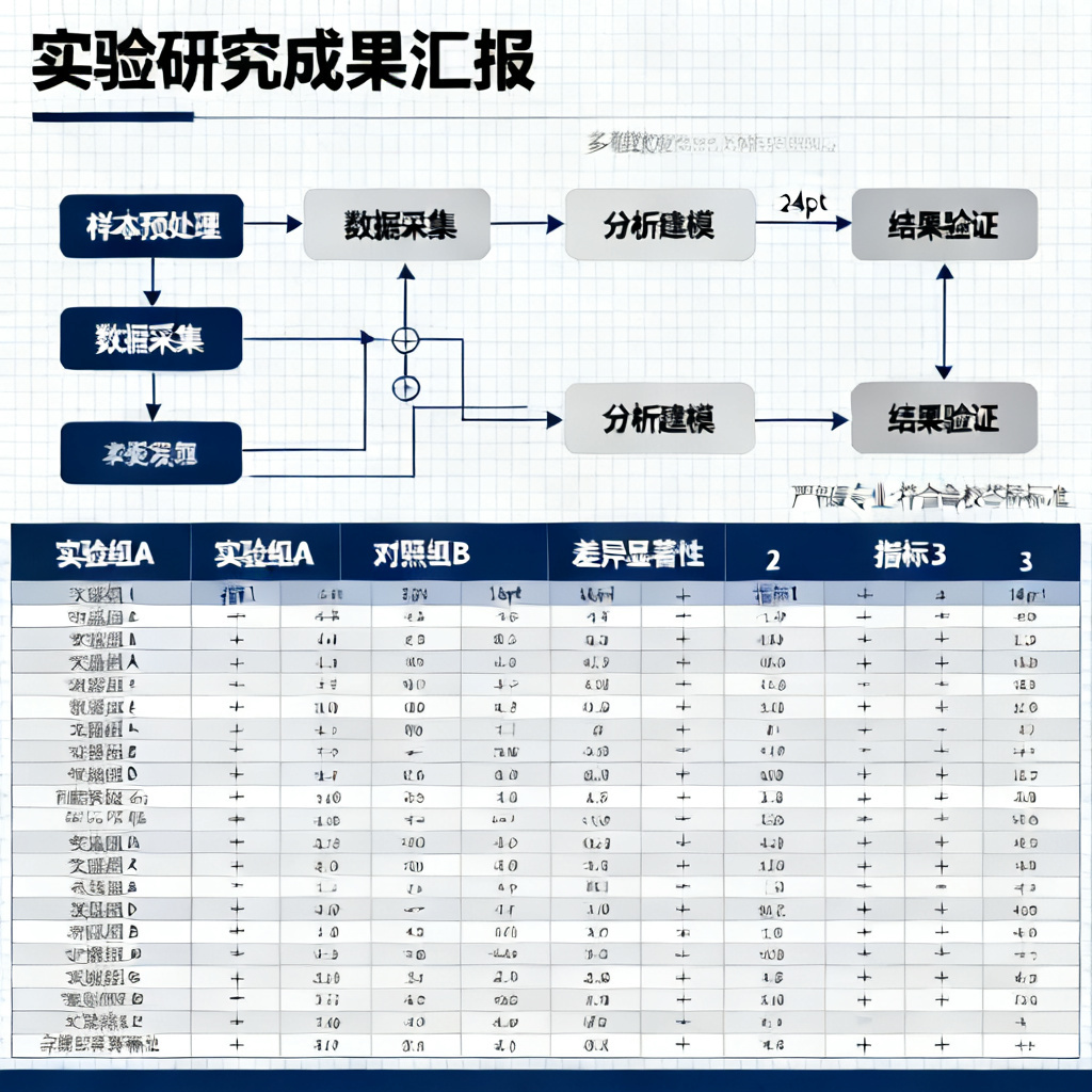 ChatPPT生成的学术幻灯片示例，包含复杂的实验流程图和多维数据对比表，排版清晰，色调严谨，符合高校答辩标准。