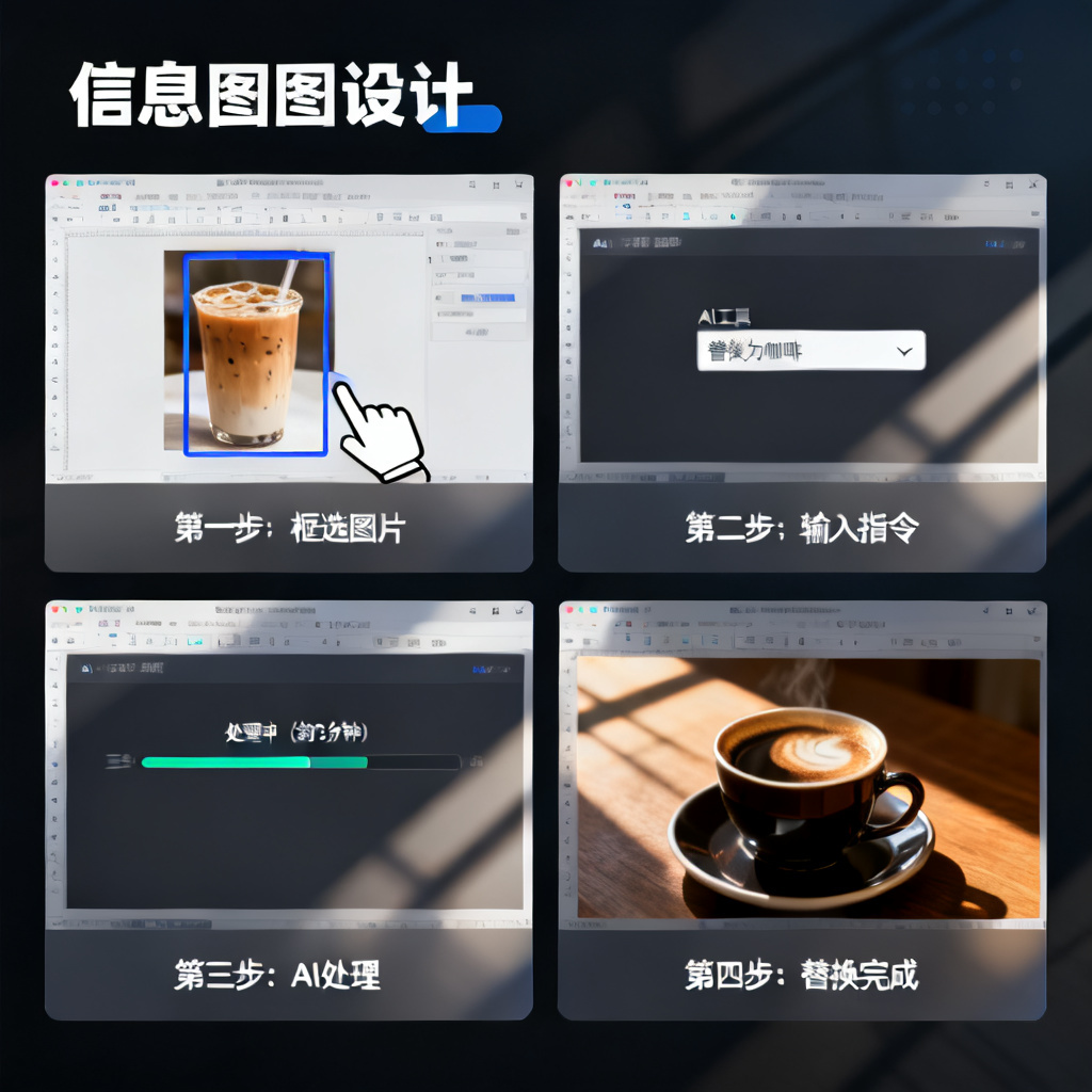 一张分步演示图,显示用户框选PPT页面中的奶茶图片,输入指令“替换为咖啡”,AI在几分钟内完成替换并保持光影风格一致