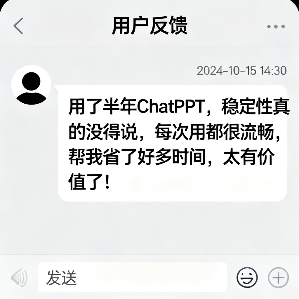 一张用户评价截图，显示用户长期使用ChatPPT后的反馈，强调稳定性和价值。