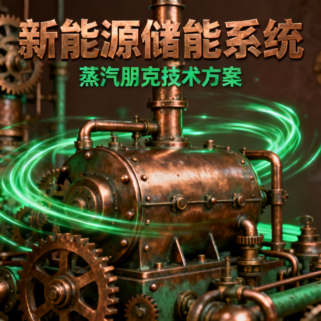 蒸汽朋克风格新能源储能系统路演PPT，铜色机械结构与绿色能源光效