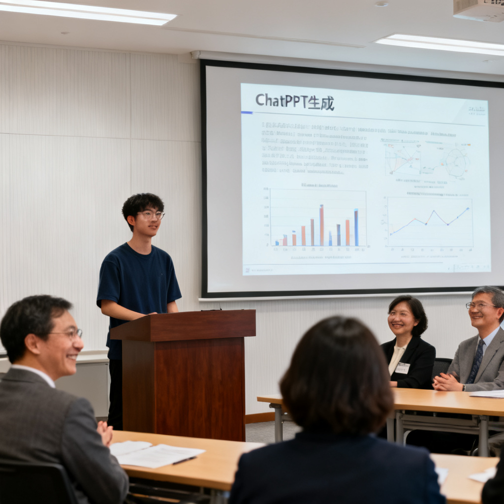 答辩现场,学生自信地站在讲台上,大屏幕显示由ChatPPT生成的论文PPT,页面清晰展示实验数据与图表,台下评委微笑点头