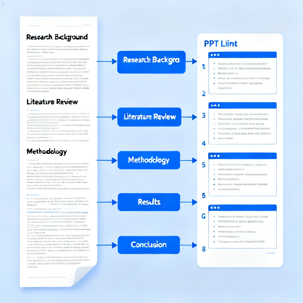 A detailed diagram showing the process of a long academic paper being transformed into a well-structured PPT outline, with clear labels for "Research Background", "Literature Review", "Methodology", "Results", and "Conclusion"