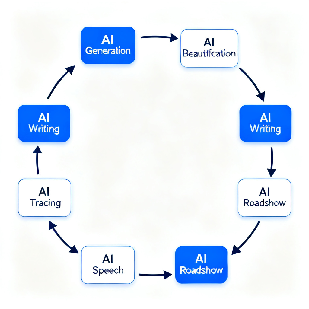 An infographic showing ChatPPT's 8 core modules: AI Generation, AI Beautification, AI Writing, AI Tracing, AI Speech, AI Roadshow, arranged in a circular flow with arrows connecting them.