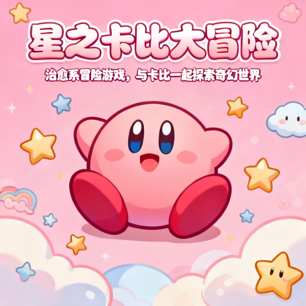 星之卡比风格的游戏介绍PPT页面，粉色调，圆润可爱，卡通字体