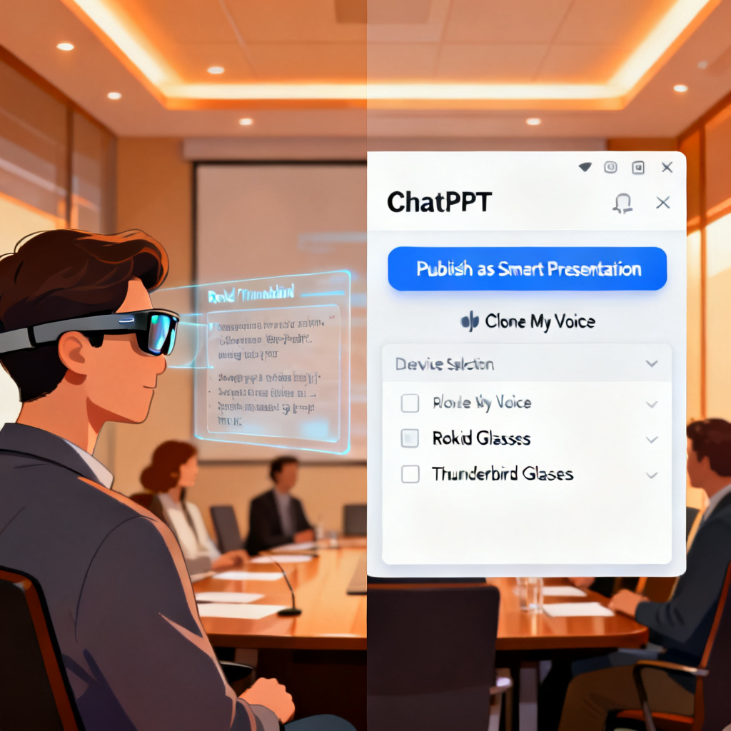 A split-screen illustration. Left: A user wearing smart glasses (Rokid/Thunderbird) with a transparent display showing synchronized speech script. Right: ChatPPT interface with "Publish as Smart Presentation" button, voice cloning option ("Clone My Voice"), and device selection menu showing "Rokid Glasses", "Thunderbird Glasses". The scene is set in a modern conference room with warm lighting.