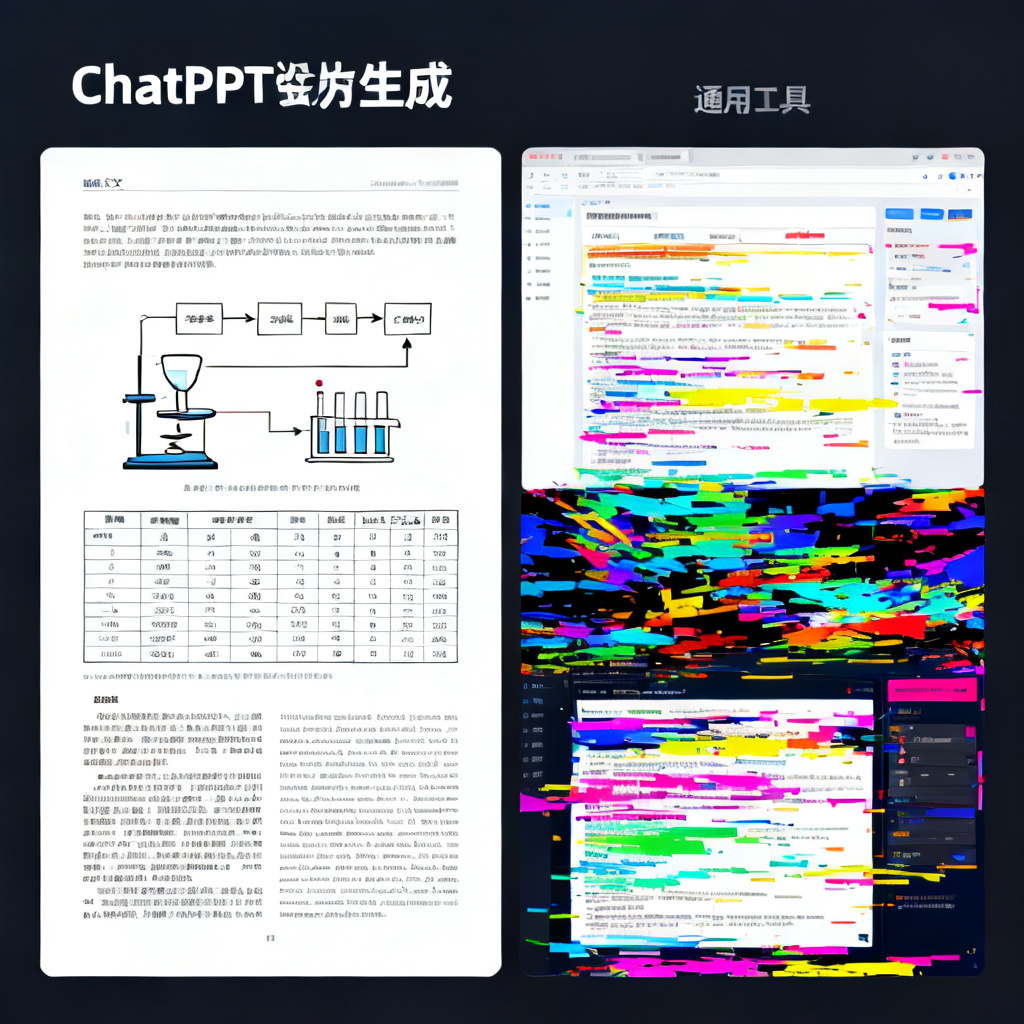 一张对比图，左侧显示ChatPPT生成的学术论文PPT页面，内容包含清晰的实验流程图与数据表格，排版严谨；右侧显示通用工具生成的页面，布局杂乱、色彩跳跃，显示风格错配。