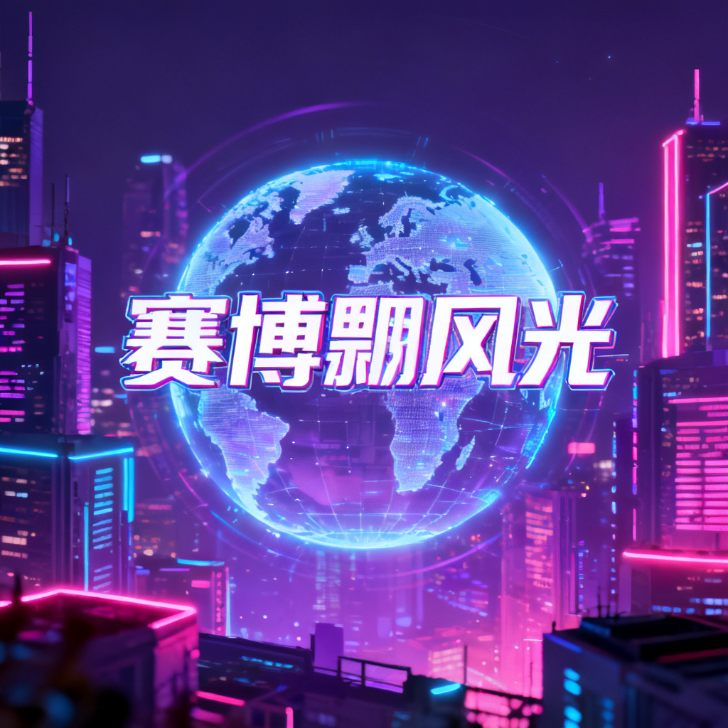 一张赛博朋克风格的PPT页面，背景是霓虹灯色的城市夜景，中心有一个发光的全息地球，文字使用未来主义字体，整体色调为紫色、蓝色与粉色。