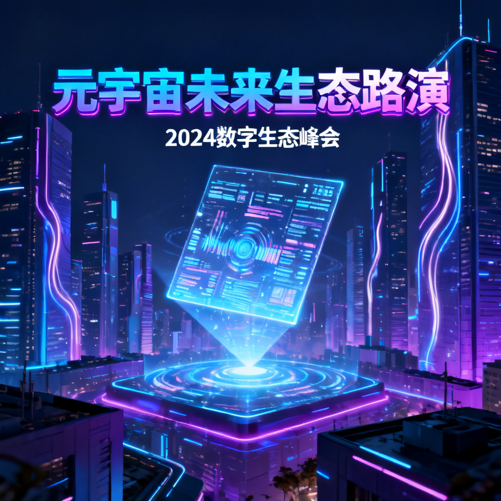 一张赛博朋克风格的元宇宙路演PPT封面，主色调为霓虹蓝紫，包含全息投影元素和城市天际线