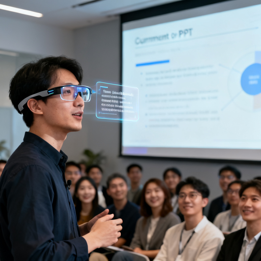 A person wearing smart glasses during a presentation, with a transparent display showing the speech script. The background shows a large screen displaying the current PPT slide. The scene is bright and professional, with audience members looking engaged.
