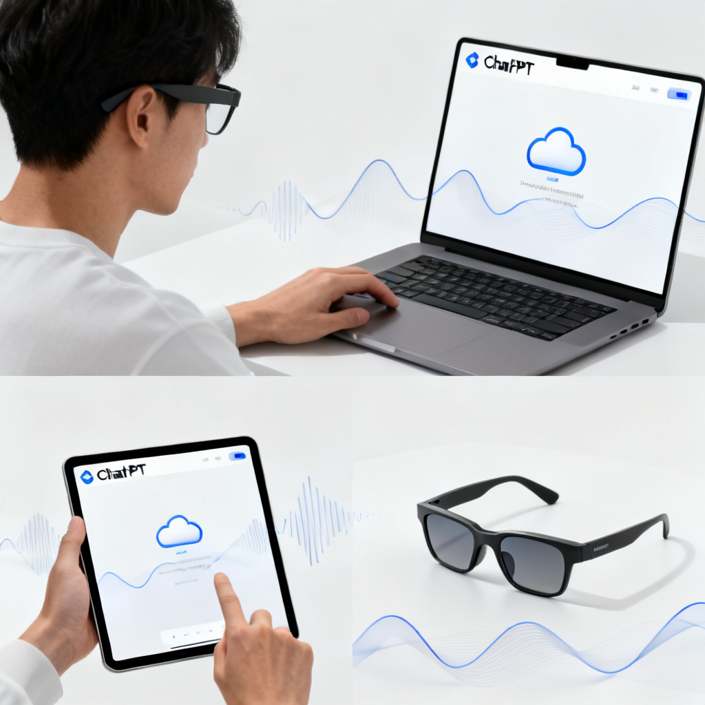 A montage of a person using ChatPPT across different devices (laptop, tablet, smart glasses), with seamless integration and data syncing, representing the all-in-one presentation solution, minimalist and modern