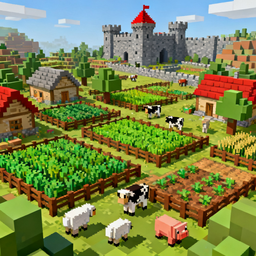 A pixel-art style scene reminiscent of Minecraft, featuring a blocky village with farms, animals, and a castle in the distance, vibrant colors, isometric perspective, suitable for a gaming industry presentation