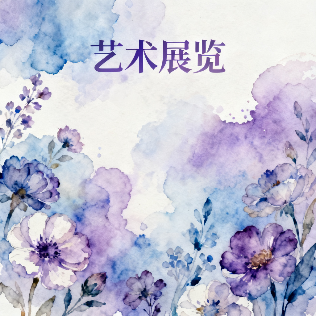梦幻水彩风格艺术展览PPT,水彩晕染效果,柔和的蓝紫色调,手绘花卉,艺术字体
