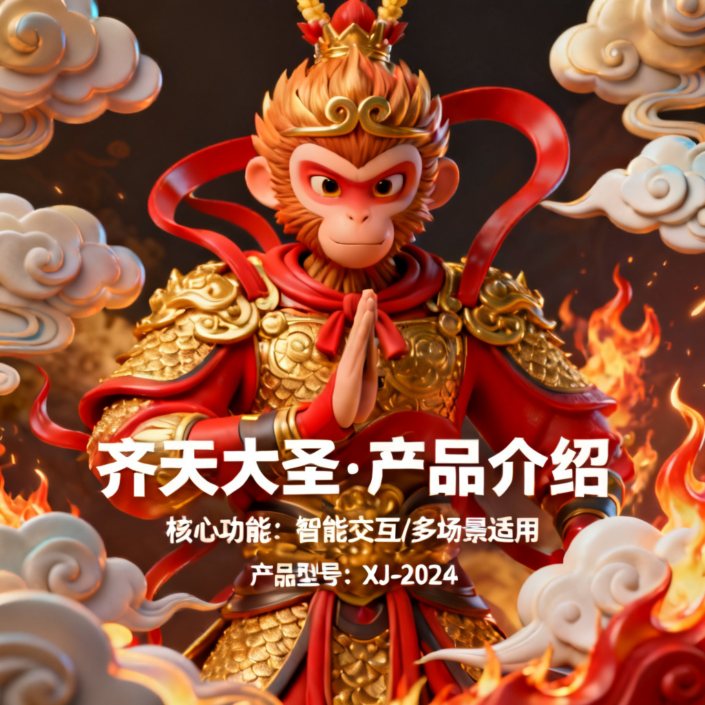 3D西游记风格的产品介绍页，孙悟空形象作为主角，金色和红色配色，有云纹和火焰特效，文字排版清晰，立体感强