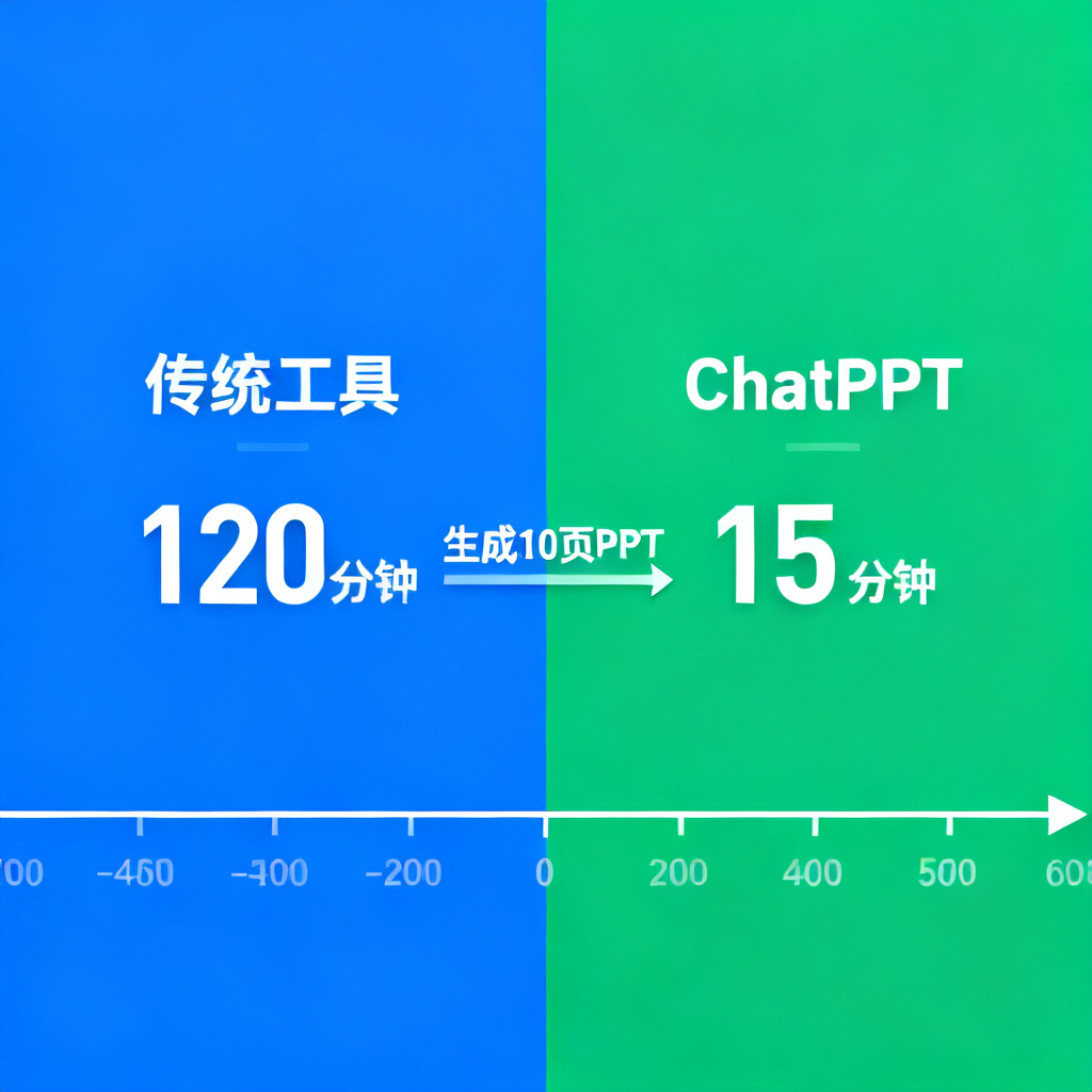 一个时间轴图表，显示传统工具和ChatPPT在生成10页PPT上的时间对比，传统工具需120分钟，ChatPPT仅需15分钟，数据可视化清晰