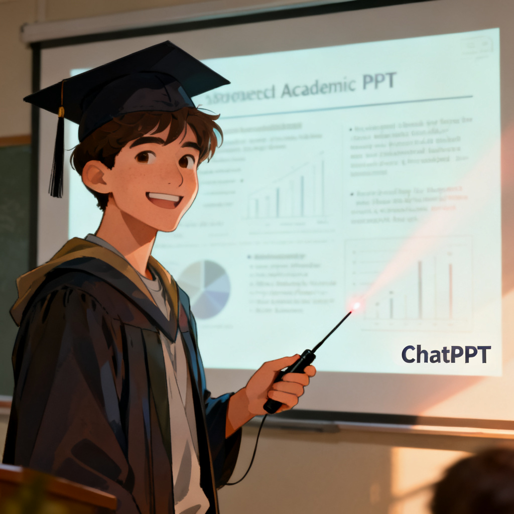 A smiling graduate student standing in front of a projection screen with a well-structured academic PPT, holding a laser pointer, with a subtle 'ChatPPT' watermark in the corner, realistic digital art