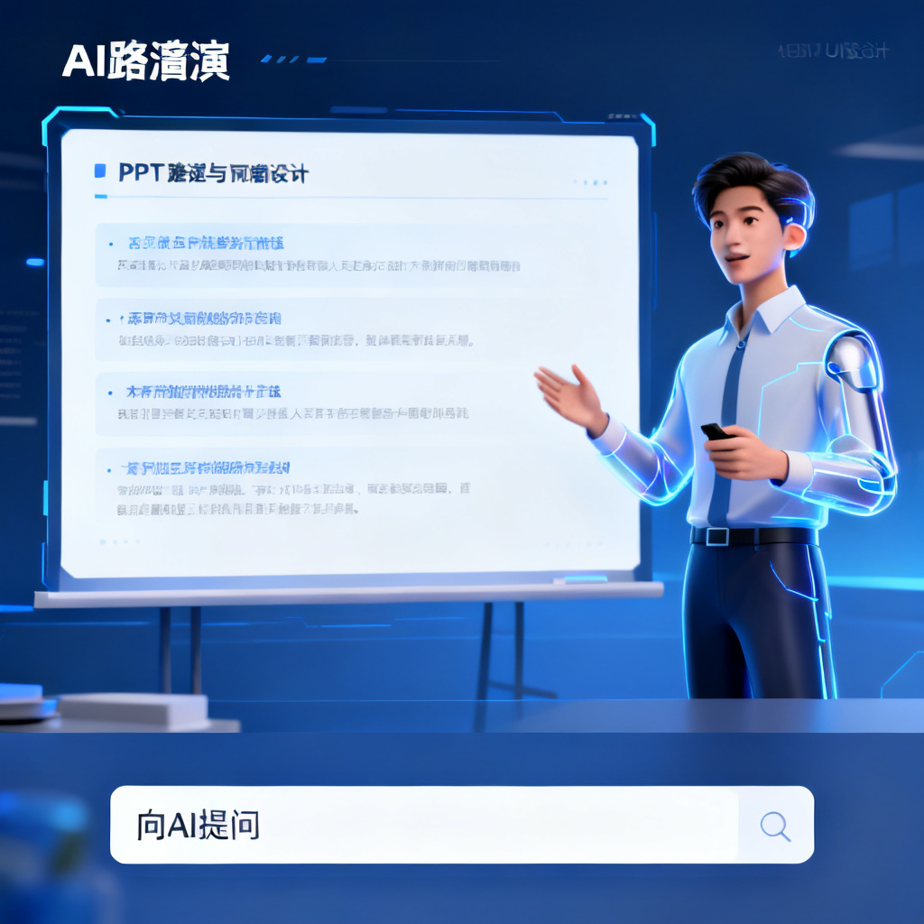 一个AI路演页面,左侧是PPT幻灯片,右侧是数字人正在讲解,底部有一个文本输入框写着“向AI提问”
