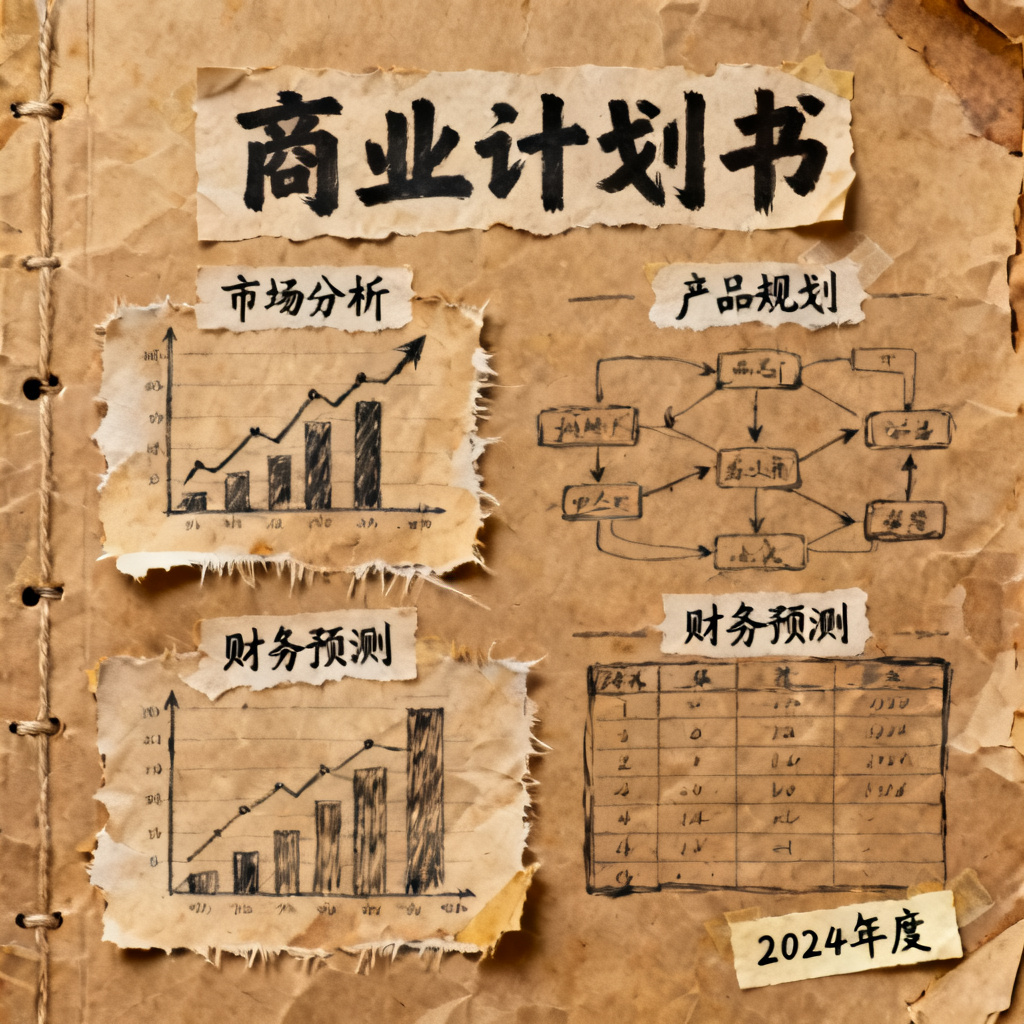 牛皮纸贴画风商业计划书，手绘元素，复古色调