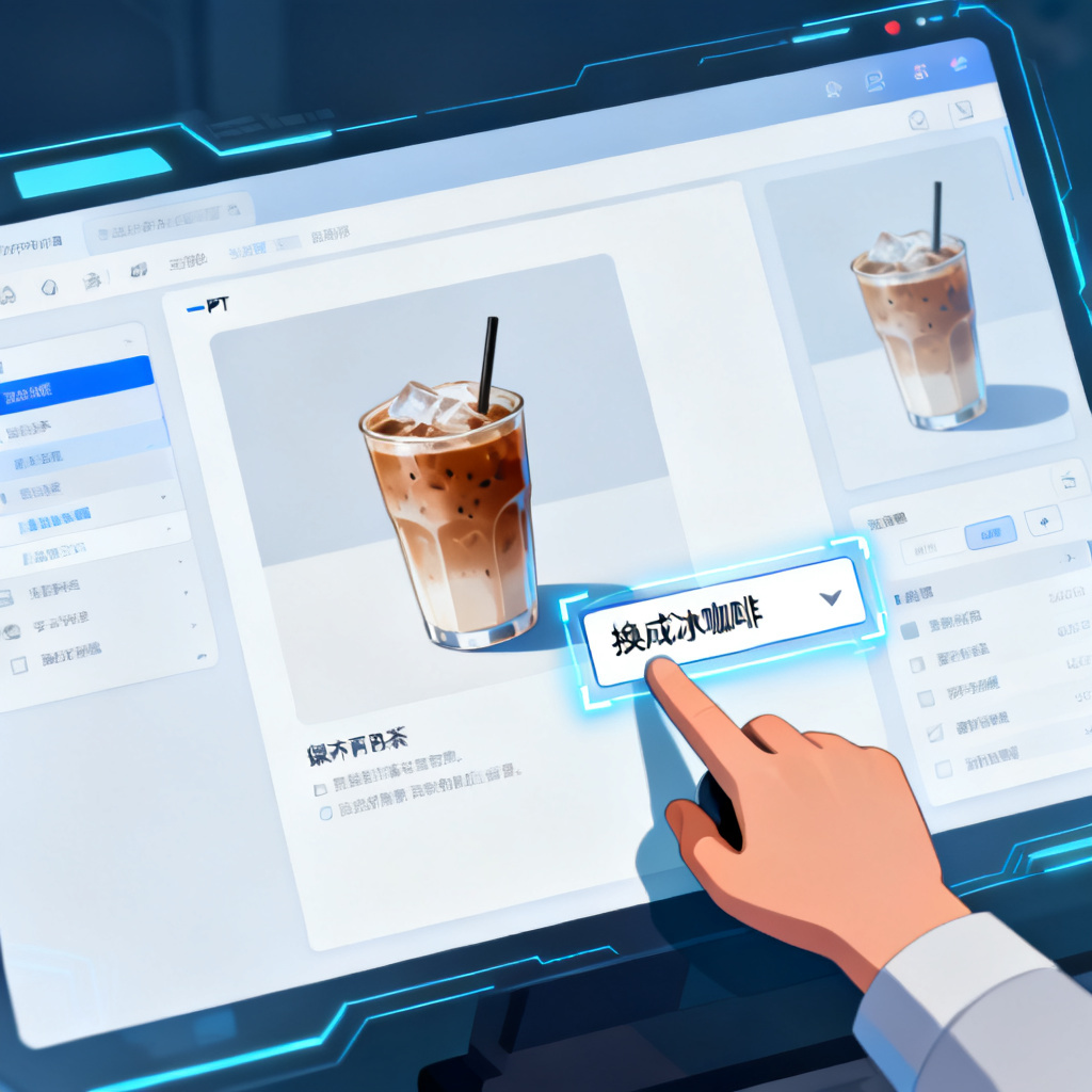 Magic涂画操作演示,用户框选PPT页面中的奶茶区域,输入替换指令“换成冰咖啡”,AI自动完成替换并保持光影一致